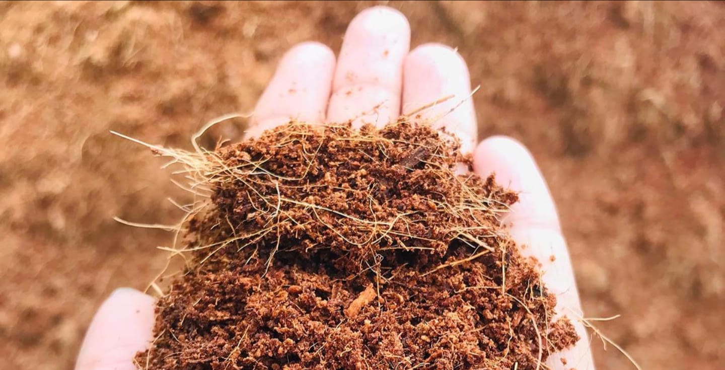 Close-up of coco peat material sample held for inspection